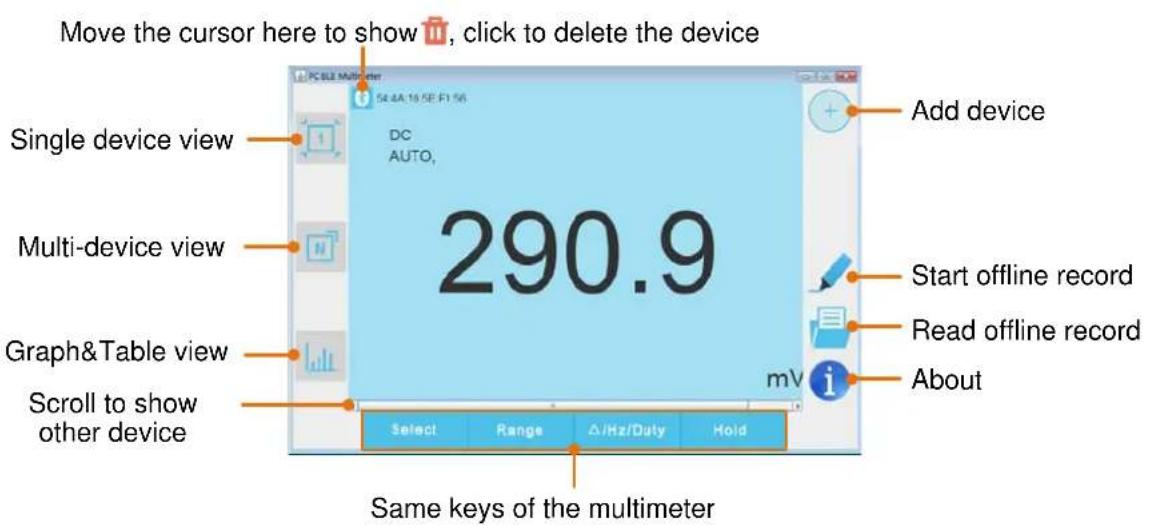 Move the cursor here to show 📋, click to delete the device Single device view DC AUTO, 290.9 Multi-device view mV i Start offline record Read offline record About Graph&Table view Scroll to show other device Select Range △/Hz/Duty Hold Same keys of the multimeter