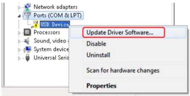 Network adapters Ports (COM & LPT) USB Device Update Driver Software... Disable Uninstall Scan for hardware changes Properties
