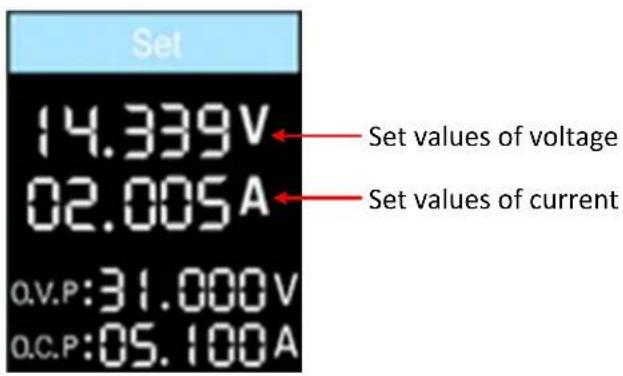 Set 14.339V 02.005A Q.V.P:31.000V Q.C.P:05.100A Set values of voltage Set values of current