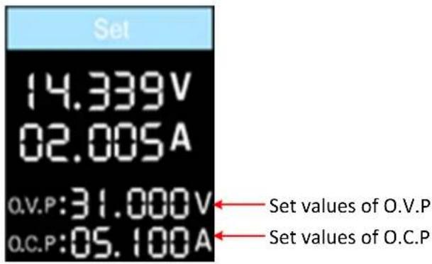 Set 14.339V 02.005A Q.V.P:31.000V Q.C.P:05.100A Set values of O.V.P Set values of O.C.P