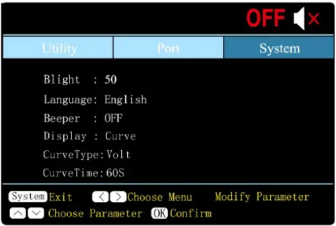 OFF Utility Port System Blight : 50 Language: English Beeper : OFF Display : Curve CurveType: Volt CurveTime: 60S System Exit <> Choose Menu Modify Parameter ^ Choose Parameter OK Confirm