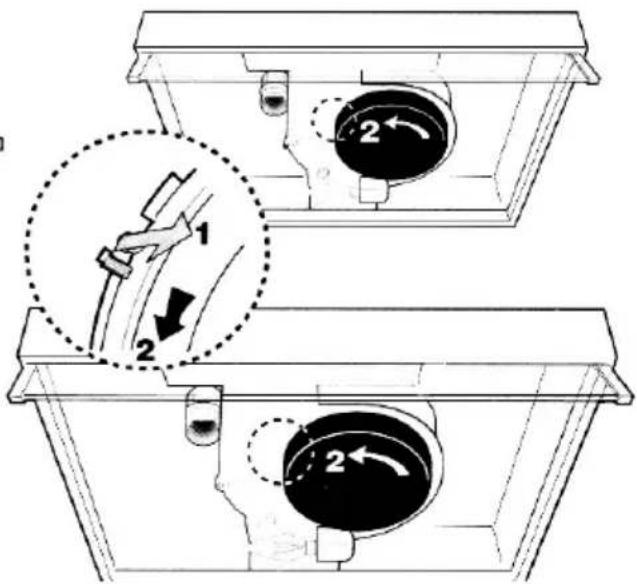 Technical diagram showing a mechanical device with two circular components labeled '2', one with an arrow indicating direction, and another with an arrow indicating rotation.