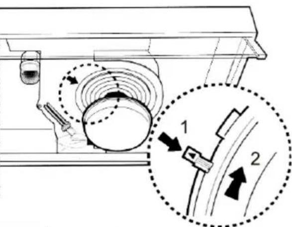 Technical diagram showing mechanical assembly with labeled components and motion arrows, including numbered annotations 1 and 2.