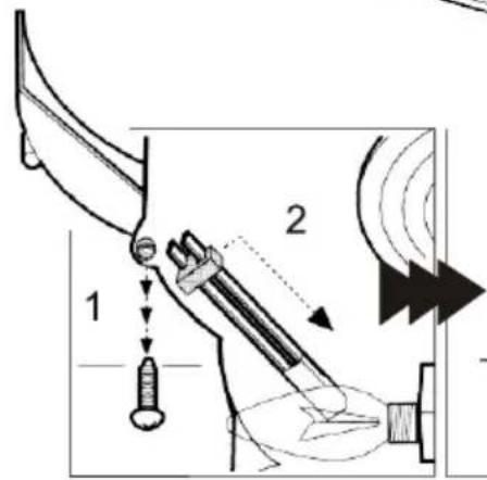 Technical diagram showing mechanical assembly with labeled parts 1 and 2, including a screw and directional arrows indicating motion or force.