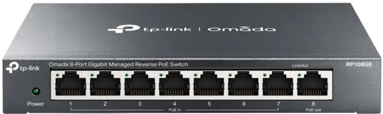 tp-link | omada tp-link Omada 8-Port Gigabit Managed Reverse PoE Switch Link/Act RP108GE Power 1 2 3 4 5 6 7 8 PoE in PoE out