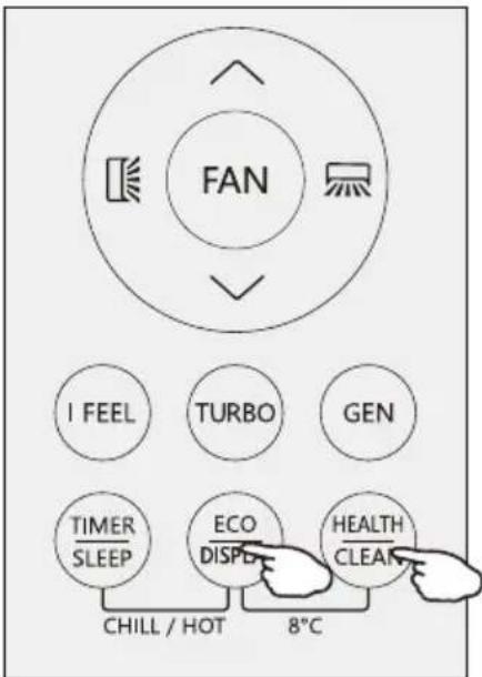 FAN I FEEL TURBO GEN TIMER SLEEP ECO DISPD HEALTH CLEAN CHILL / HOT 8°C