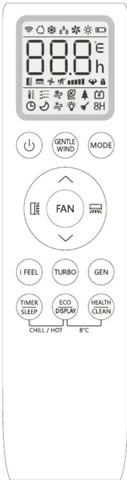 88.0° 88.0 h GENTLE WIND MODE FAN I FEEL TURBO GEN TIMER SLEEP ECO DISPLAY HEALTH CLEAN CHILL / HOT 8°C
