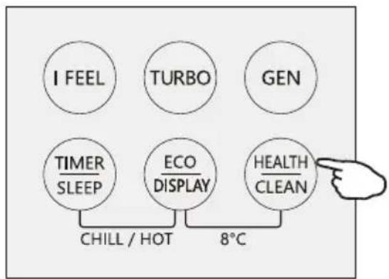 graph TD A["I FEEL"] --> B["TURBO"] B --> C["GEN"] D["TIMER SLEEP"] --> E["ECO DISPLAY"] E --> F["HEALTH CLEAN"] G["CHILL / HOT"] --> H["8°C"] H --> I["Hand pointing to the screen"]
