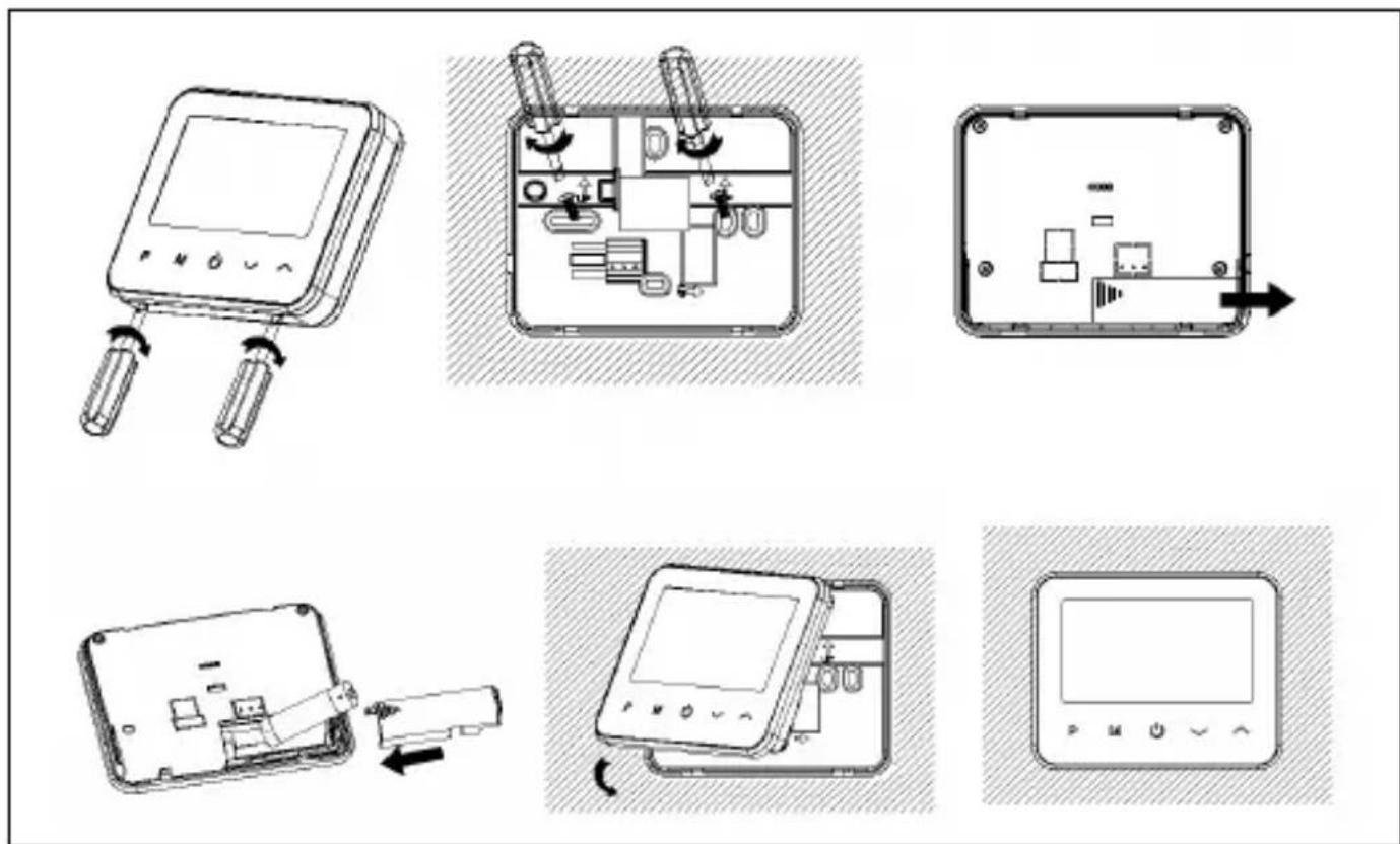 Technical diagram showing five steps of device installation and disassembly, including a device with control buttons and a device with battery.