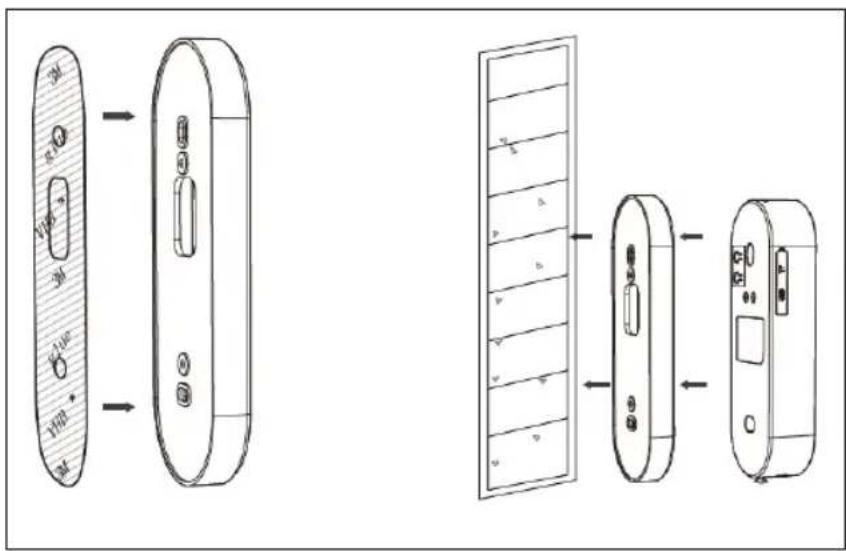 Technical diagram showing three views of a device with labeled components and directional arrows indicating assembly or assembly steps.