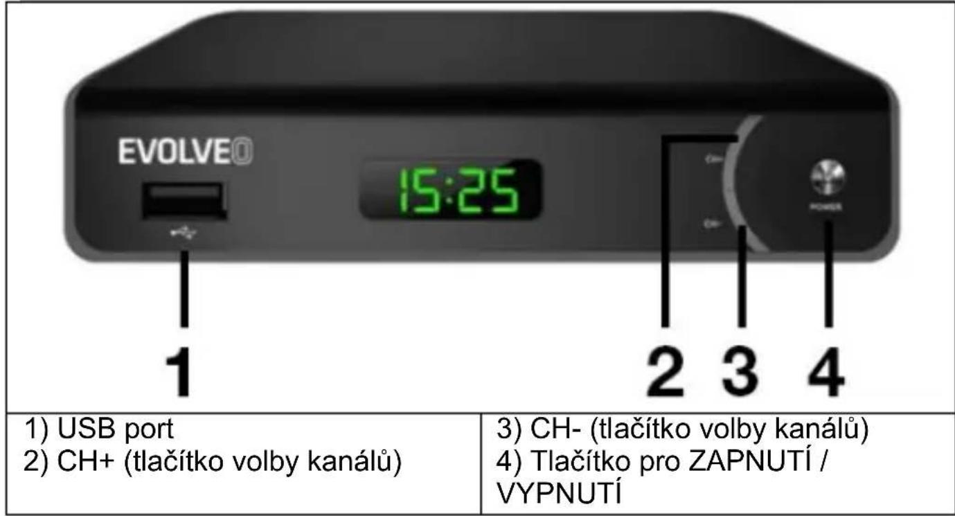 EVOLVE® 15:25 2 3 4 1) USB port 2) CH+ (tlačítko volby kanálů) 3) CH- (tlačítko volby kanálů) 4) Tlačítko pro ZAPNUTÍ / VYPNUTÍ