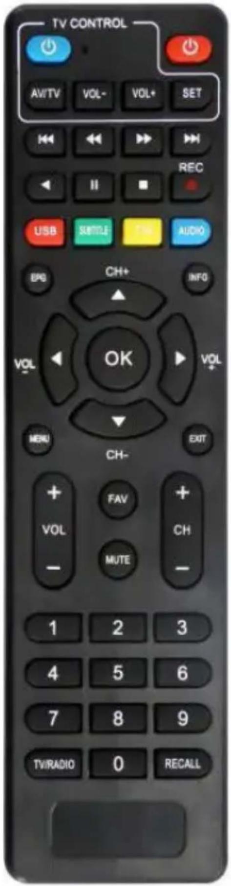 TV CONTROL AVITV VOL- VOL+ SET REC USB SIMPLE FAS AUDIO EPS CH+ INFO VOL OK VOL+ MENU CH- EXIT VOL FAV CH- MUTE 1 2 3 4 5 6 7 8 9 TV/RADIO 0 RECALL