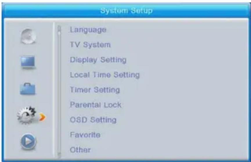 System Setup Language TV System Display Setting Local Time Setting Timer Setting Parental Lock OSD Setting Favorite Other