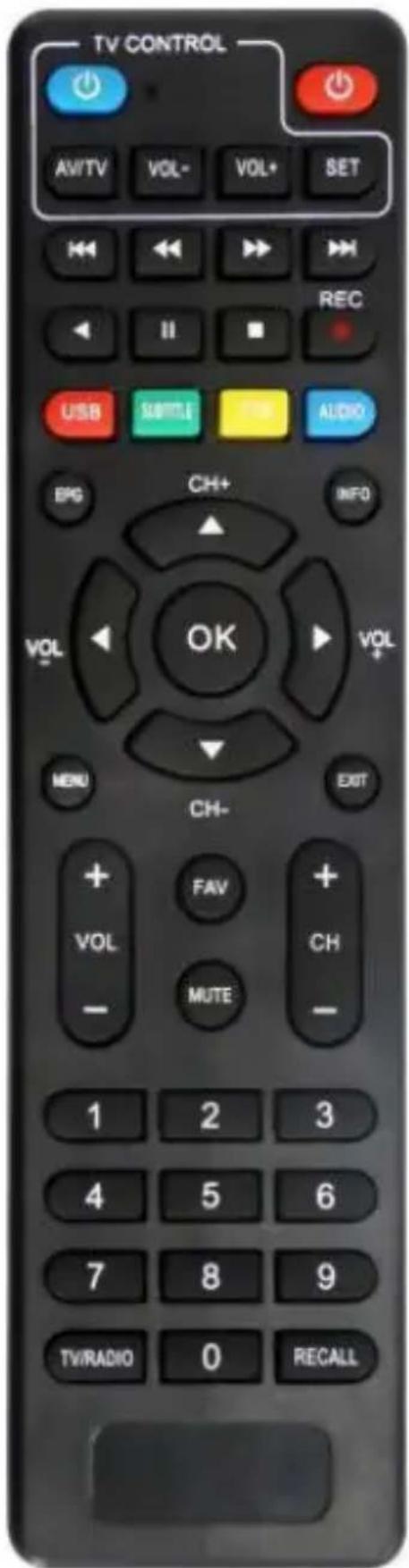 TV CONTROL AV/TV VOL- VOL+ SET REC USB SAPPLE INFO AUDIO BPG CH+ INFO VOL OK VOL- MENU CH- EXIT + FAV + VOL CH- MUTE - 1 2 3 4 5 6 7 8 9 TV/RADIO 0 RECALL