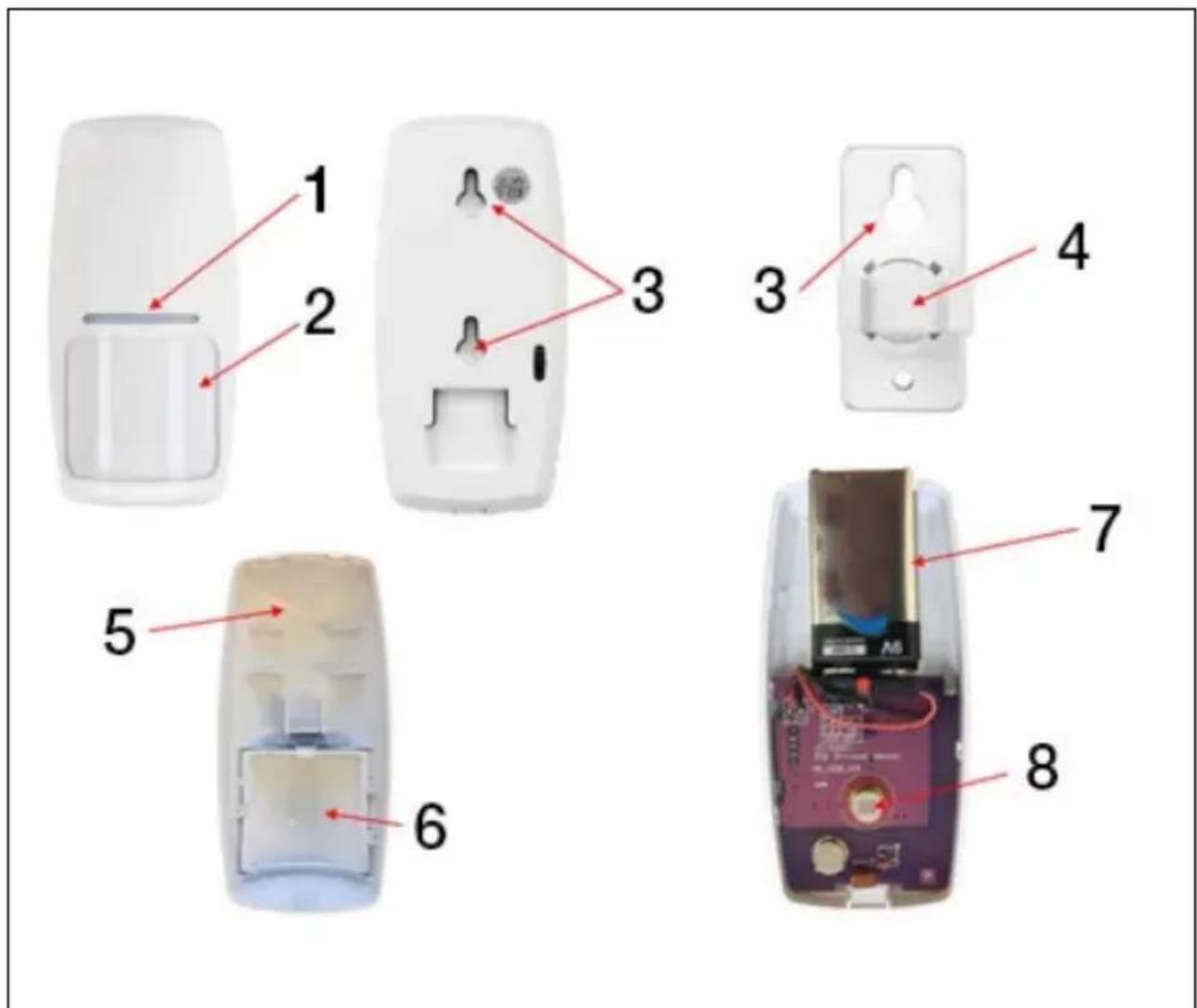 Exploded view diagram of a remote control device with numbered parts labeled 1 through 8