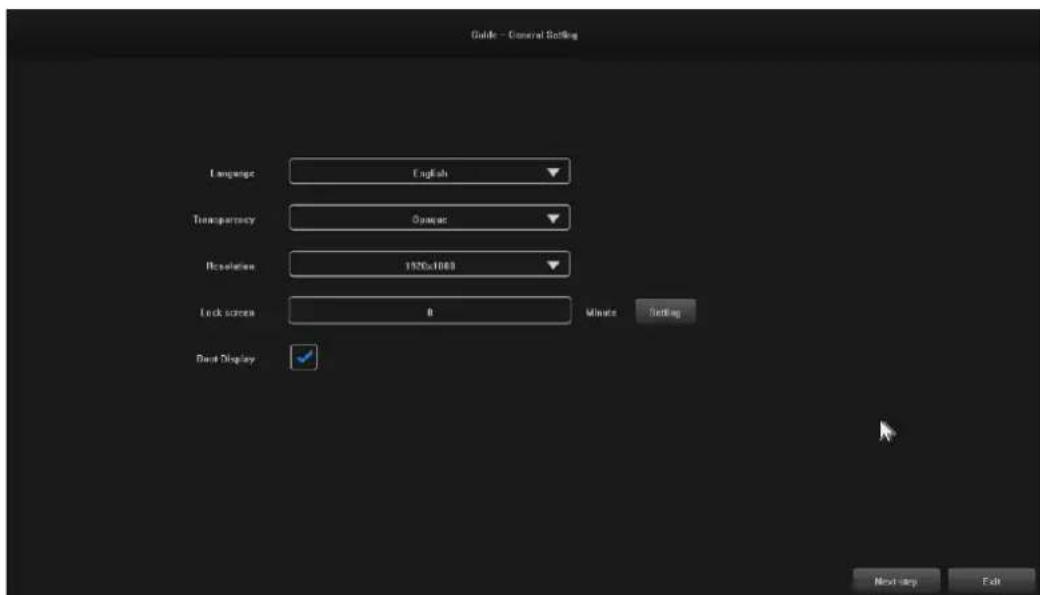 Guide - General Settings Language English Transparency(Organic) Resolution 1520x1000 Lock screen 8 Minute Setting DVD Display Next step Next
