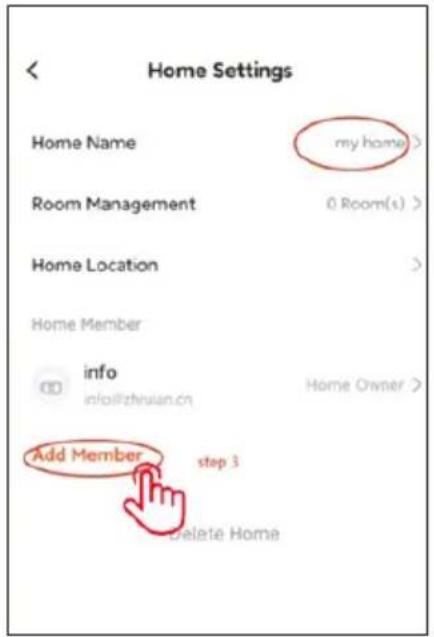 Home Settings Home Name my home > Room Management 0 Room(s) > Home Location > Home Member info info@zhui'an.cn Home Owner > Add Member step 3 Delete Home