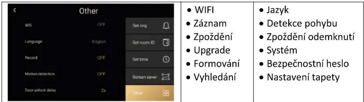 Other Wifi OFF Set ring Language English Set room ID Record OFF Set time Motion detection OFF Screen saver Door unlock delay 2s Other WIFI Záznam Zpoždění Upgrade Formování Vyhledání Jazyk Detekce pohybu Zpoždění odemknutí Systém Bezpečnostní heslo Nastavení tapety