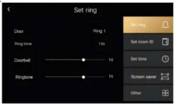 Set ring Door Ring 1 Ring time 10s Doorbell 16 Ringtone 16 Set ring Set room ID Set time Screen saver Other