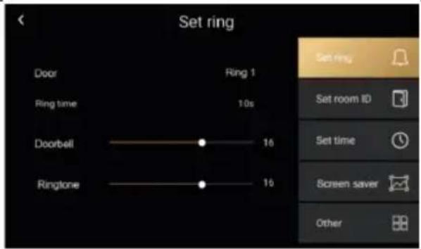 Set ring Door Ring 1 Ring time 10s Doorbell 16 Ringtone 16 Set ring Set room ID Set time Screen saver Other