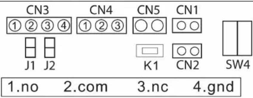 CN3 ①②③④ J1 J2 CN4 ①②③ K1 CN5 ○○ CN1 ○○ ○○ CN2 SW4 1.no 2.com 3.nc 4.gnd
