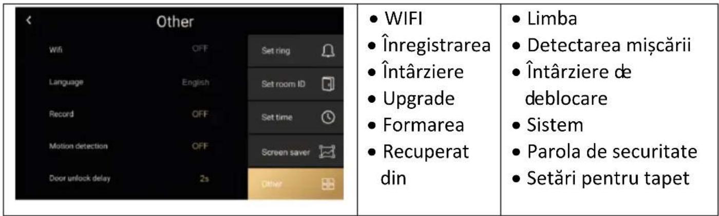 Other Wifi OFF Set ring Language English Set room ID Record OFF Set time Motion detection OFF Screen saver Door unlock delay 2s Other WIFI Înregistrarea Întârziere Upgrade Formarea Recuperat din Limba Detectarea mișcării Întârziere de deblocare Sistem Parola de securitate Setări pentru tapet