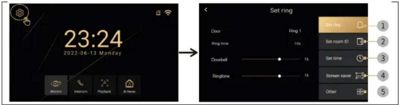 23:24 2022-06-13 Monday Monitor Intercom Playback At Home Set ring Door Ring 1 Ring time 10s Doorbell 16 Ringtone 16 Set ring Set room ID Set time Screen saver Other