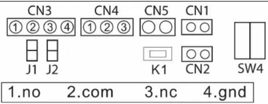 CN3 ①②③④ CN4 ①②③ CN5 ○○ CN1 ○○ J1 J2 K1 ○○ CN2 SW4 1.no 2.com 3.nc 4.gnd