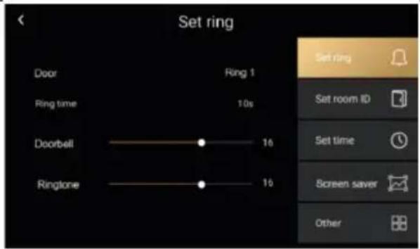 Set ring Door Ring 1 Ring time 10s Doorbell 16 Ringtone 16 Set ring Set room ID Set time Screen saver Other