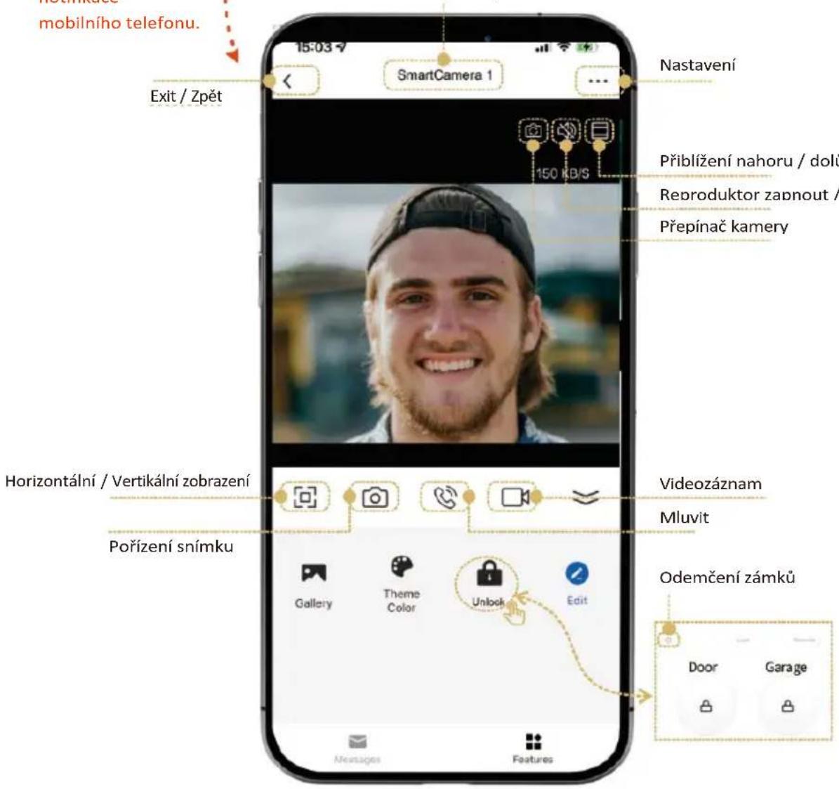 nostřínače mobilního telefonu. 15:03 SmartCamera 1 Exit / Zpět Nastavení Přiblížení nahoru / dolů Reproduktor zapnout / Přepínač kamery Horizontální / Vertikální zobrazení Pořízení snímku Videozáznam Mluvit Odemčení zámku Gallery Theme Color Unlock Edit Door Garage