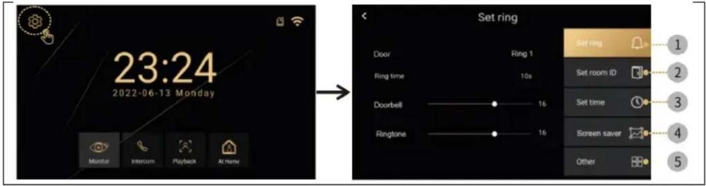 23:24 2022-06-13 Monday Monitor Intercom Playback AI Home Set ring Door Ring 1 Ring time 10s Doorbell 16 Ringtone 16 Set ring Set room ID Set time Screen saver Other