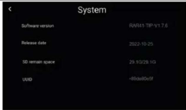 System Software version RAR41-TIP-V1.7.6 Release date 2022-10-25 SD remain space 29.1G/29.1G UUID +89ds80e5f