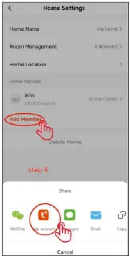 Home Settings Home Name my home > Room Management 0 Room(s) > Home Location > Home Member info Home Owner > info@chrisian.cn Add Member Delete Home step 4 Share WeChat Stop accounts Messages Email Copy Cancel