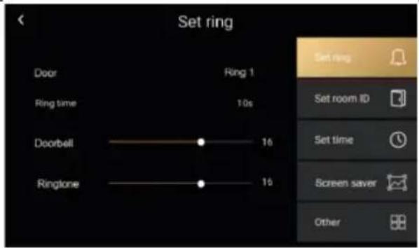 Set ring Door Ring 1 Ring time 10s Doorbell 16 Ringtone 16 Set ring Set room ID Set time Screen saver Other
