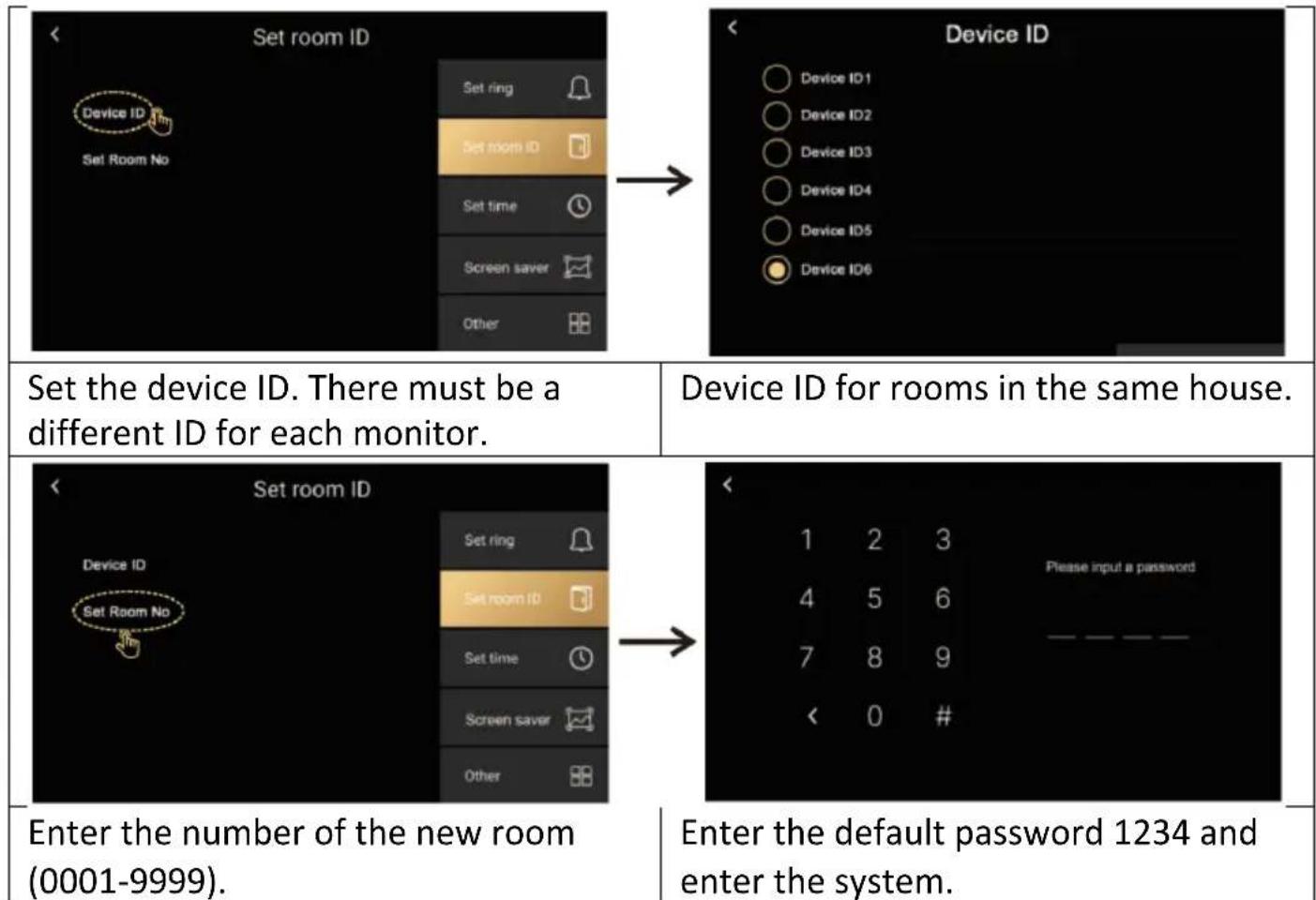 Set room ID Device ID Set Room No Set ring Set room ID Set time Screen saver Other Device ID Device ID1 Device ID2 Device ID3 Device ID4 Device ID5 Device ID6 Set the device ID. There must be a different ID for each monitor. Device ID for rooms in the same house. Set room ID Device ID Set ring Set room ID Set time Screen saver Other Enter the number of the new room (0001-9999). Enter the default password 1234 and enter the system.