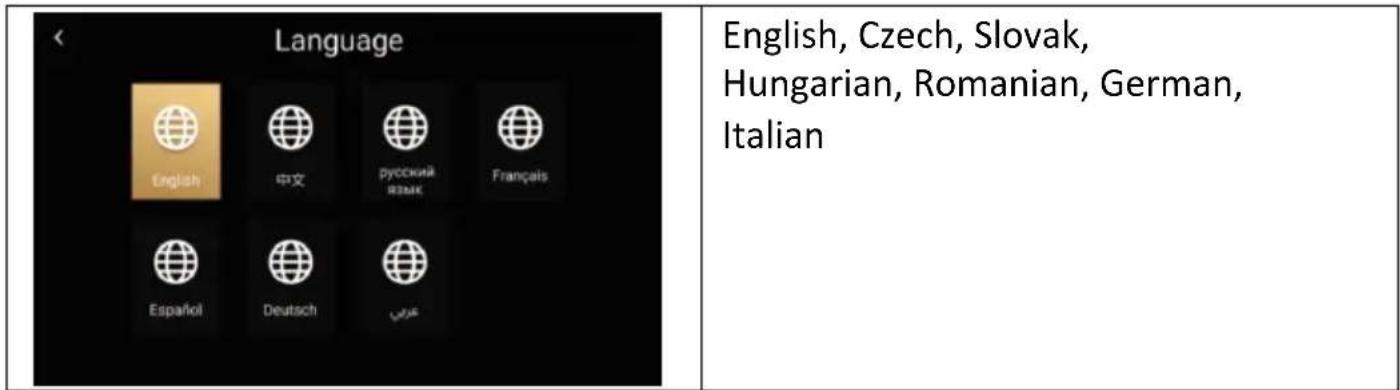 Language English, Czech, Slovak, Hungarian, Romanian, German, Italian 中文 pyccchik ražuk Français Español Deutsch gérési