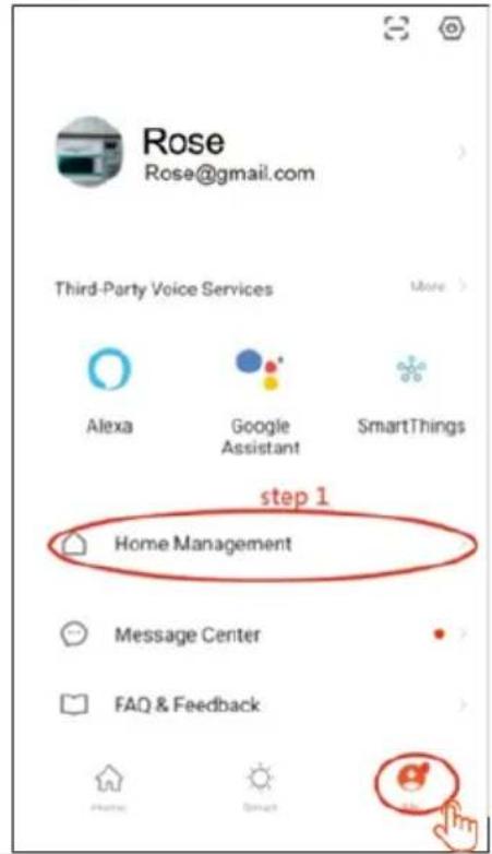 Rose Rose@gmail.com Third-Party Voice Services Alexa Google Assistant SmartThings step 1 Home Management Message Center FAQ & Feedback