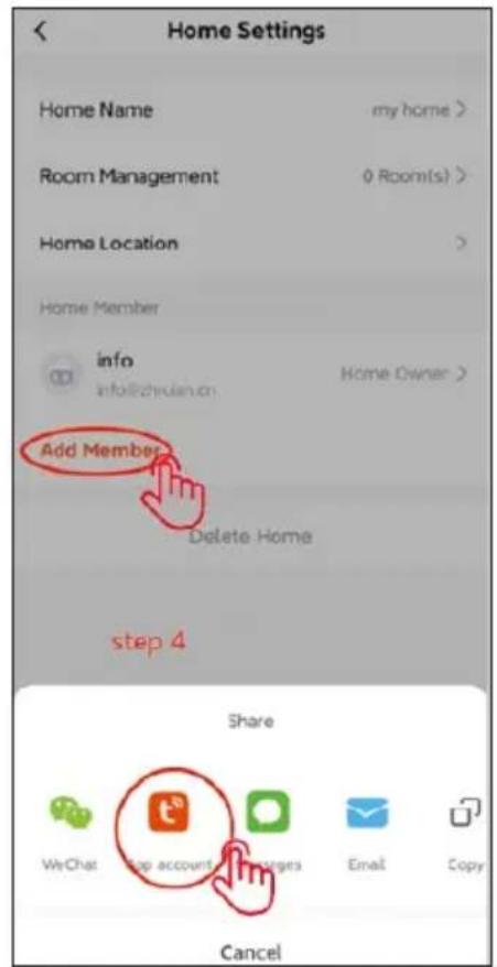 Home Settings Home Name my home > Room Management 0 Room(s) > Home Location > Home Member info Home Owner > info@christian.cn Add Member Delete Home step 4 Share WeChat Top account Messages Email Copy Cancel