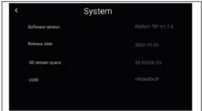 System Software version RAR41-TIP-V1.7.6 Release date 2022-10-25 SD remain space 29.1G/29.1G UUID +89ds80e5f