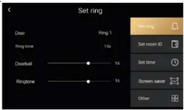 Set ring Door Ring 1 Ring time 10s Doorbell 16 Ringtone 16 Set ring Set room ID Set time Screen saver Other