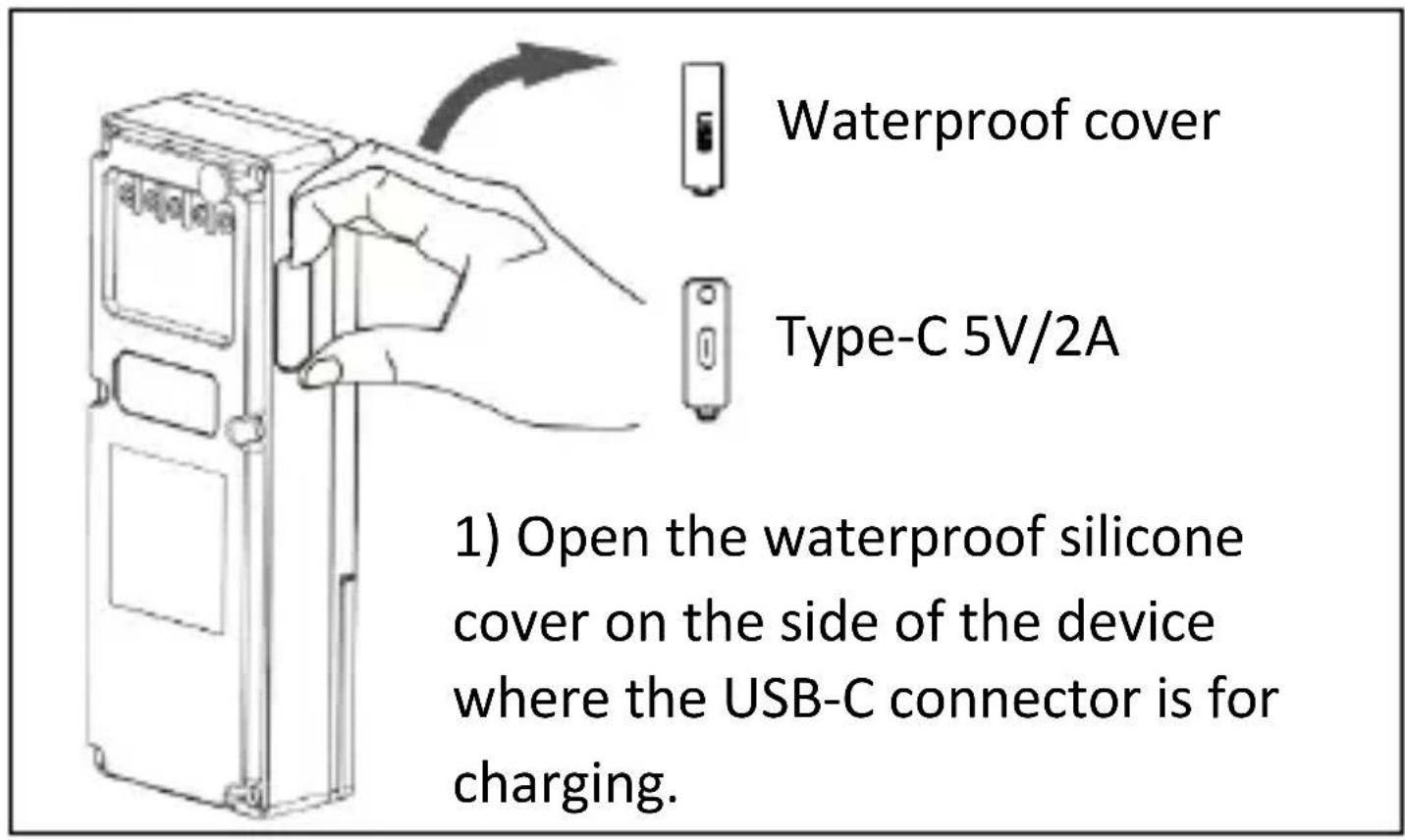 Waterproof cover Type-C 5V/2A 1) Open the waterproof silicone cover on the side of the device where the USB-C connector is for charging.