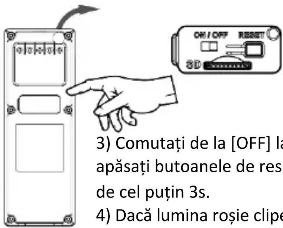 3) Comutați de la [OFF] la apăsați butoanele de res de cel puțin 3s. 4) Dacă lumina roșie clipe