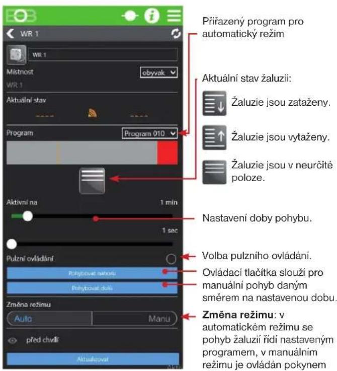 Přirazený program pro automatický režim Místnost obyvak WR 1 Aktuální stav Program Program 010 Aktivní na 1 min 1 sec Pulzní ovládání Polystovat naboru Polystovat duli Změna režimu Auto Manu před chvilí Aktualcovat Aktuální stav žaluzií: Žaluzie jsou zataženy. Žaluzie jsou vytaženy. Žaluzie jsou v neurčité poloze. Nastavení doby pohybu. Volba pulzního ovládání. Ovládaci tlačitka slouží pro manuální pohyb daným směrem na nastavenou dobu. Změna režimu: v automatickém režimu se pohyb žaluzií řídí nastaveným programem, v manuálním režimu je ovládán pokynem