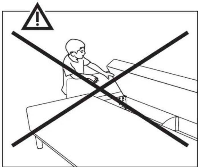 Safety warning sign showing a person on a platform with crossed lines indicating blocked safety