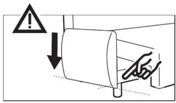 Safety warning diagram showing a hand holding a tool inside a cylindrical device with an exclamation mark and downward arrow.