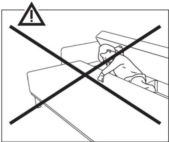 Warning sign with exclamation mark and crossed-out lines, indicating incorrect safety or absence of a person in bed