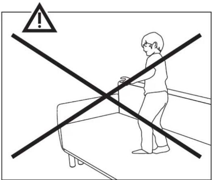 Safety warning sign showing a person on a bed with a cross symbol indicating blocked access or isolation.