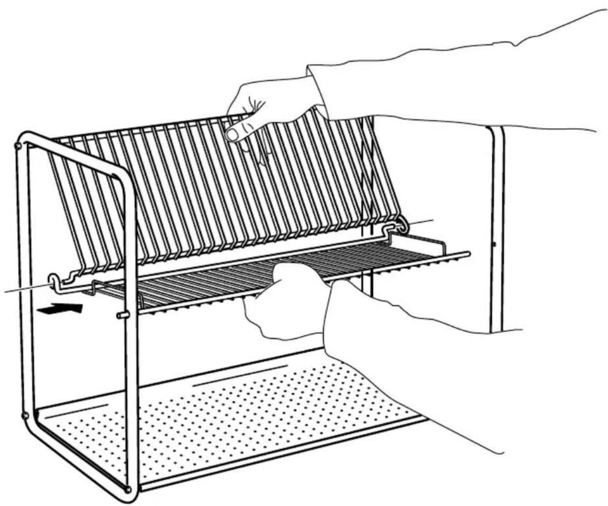 Line drawing of a hand operating a rack-mounted device with a mesh panel (no text or symbols).
