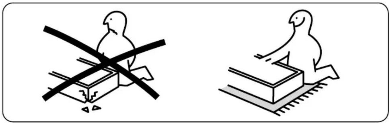 Two technical illustrations of bird silhouettes on a platform, one with crossed lines and the other with a rectangular block (no text or symbols).