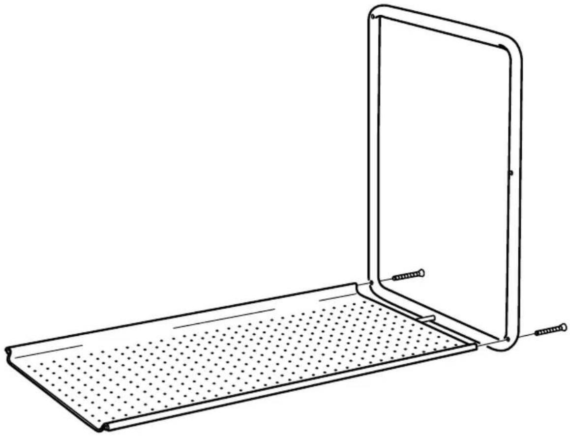 Line drawing of a metal tray with a perforated base and two screws inserted (no text or symbols).